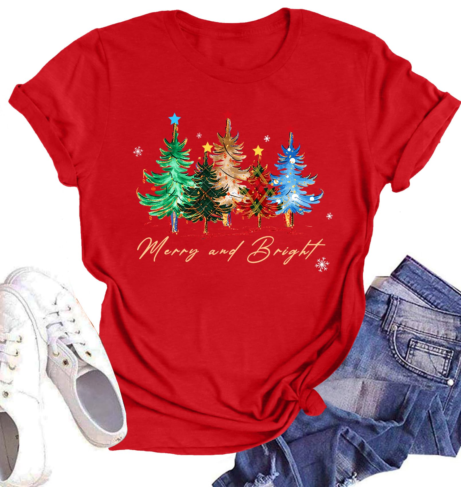 Believe Christmas Shirt for Women Christmas Tree Graphic T-Shirts Believe Letter Print Tees Holiday Tops